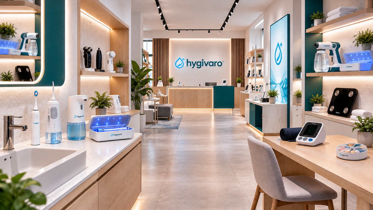 Hygivaro oral-care, grooming, hygiene and personal monitoring products in a bright modern care space