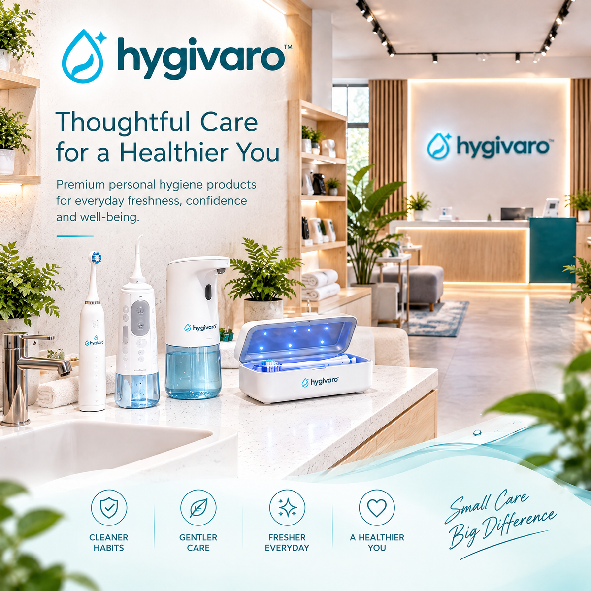 Hygivaro personal-hygiene brand story with oral-care products in a bright contemporary care space